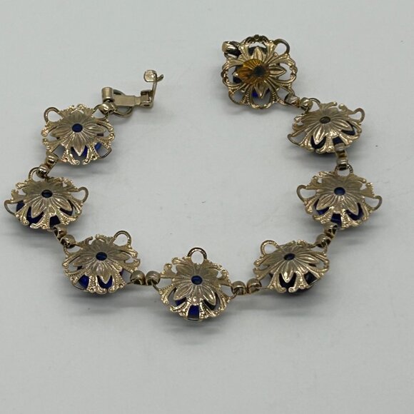 Vintage Gold Tone Bracelet Cobalt Blue Acrylic Cabochon Floral Filigree Design - Picture 2 of 16